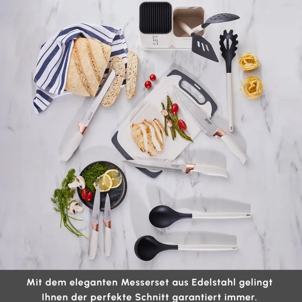 Karaca Gusto 12-teiliges Messer-/Schneidebrett-Set in Creme Creme01 Hot