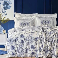 Karaca Home Amar Blau 100% Baumwolle Doppeltes Bettbezugs-Set Blau01 Online