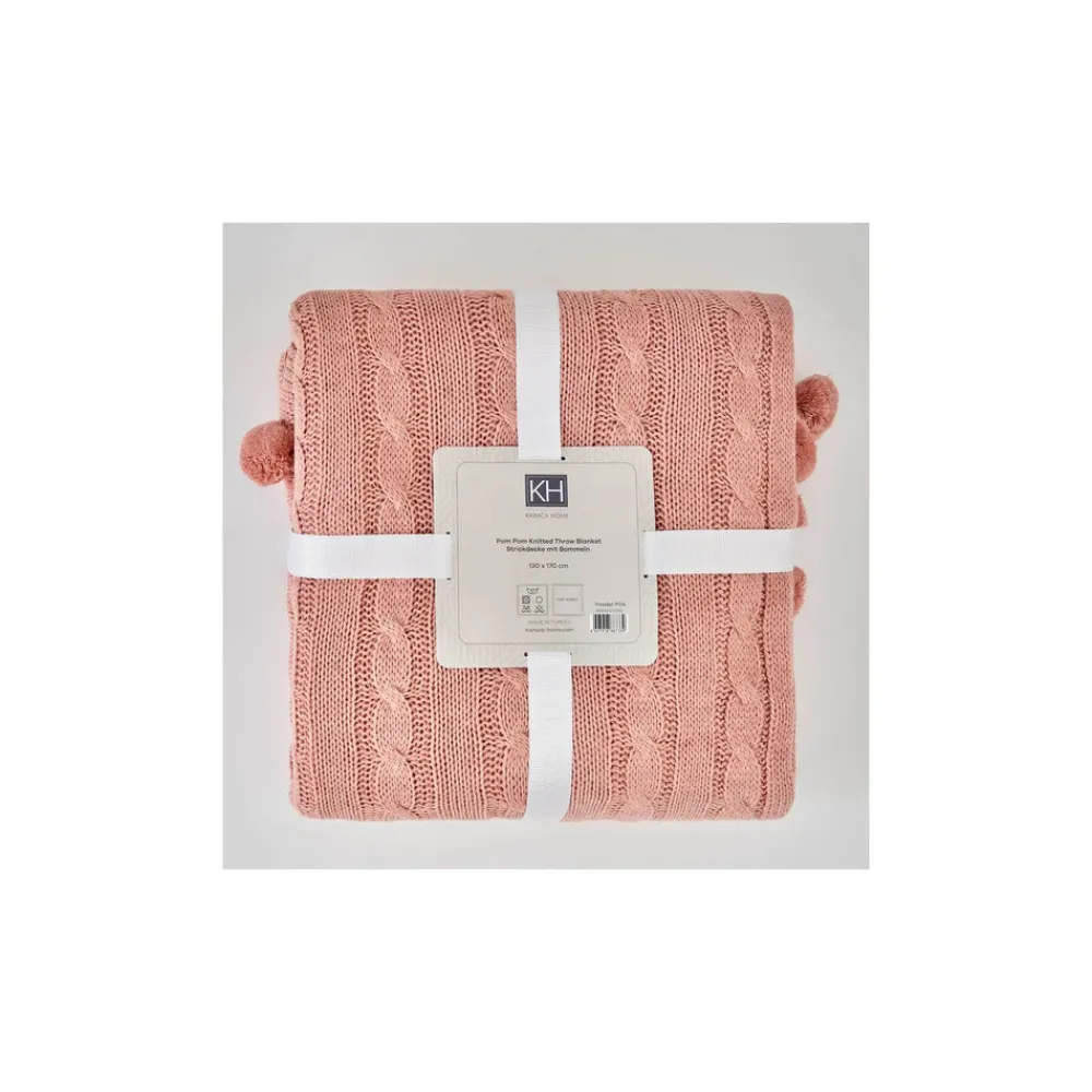 Karaca Home Kreıdefarbıger Rosa Kabelstrıcker Pompom Leıchter Bettbezug Puder Rosa Outlet