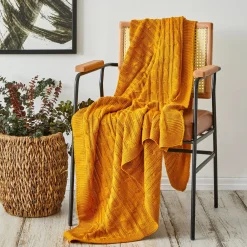 Karaca Home Ochre Cable Knit Throw Öko-Tex Zertifiziert Oker Hot