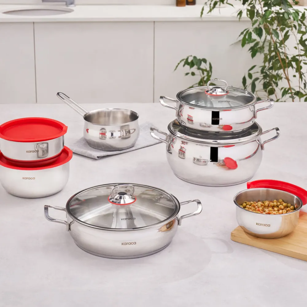 Karaca Induktions Stahl Kochgeschirr Set mit Gratis Vorratsbehälter, 13 Teilig Farblös Best