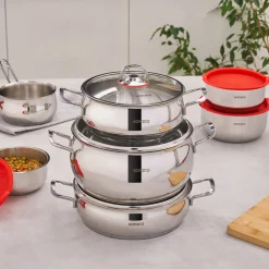Karaca Induktions Stahl Kochgeschirr Set mit Gratis Vorratsbehälter, 13 Teilig Farblös Best