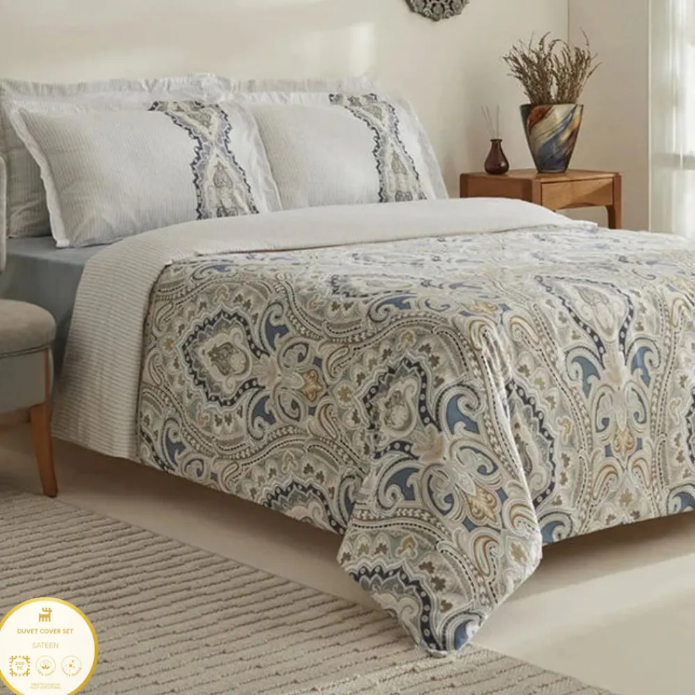 Karaca Lemy Doppel Bettwäscheset 100% Baumwoll-Satin Blau 200x220 Cm Sale