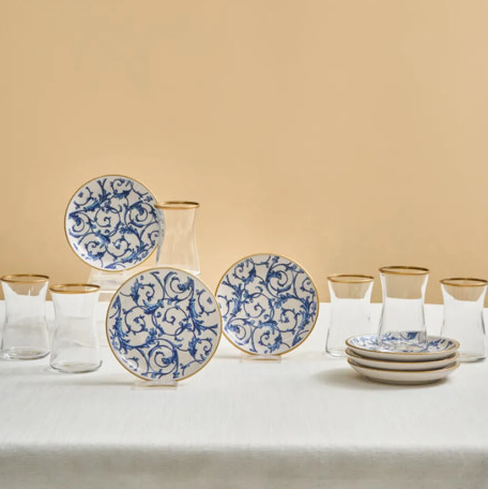Karaca Mare 12-teiliges Glas-Türkisches Tee-Set für 6 Personen, 170 ml, Transparent Blau01