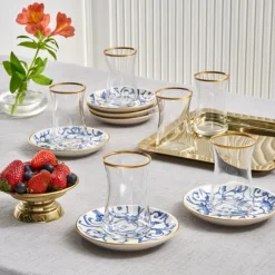 Karaca Mare 12-teiliges Glas-Türkisches Tee-Set für 6 Personen, 170 ml, Transparent Blau01