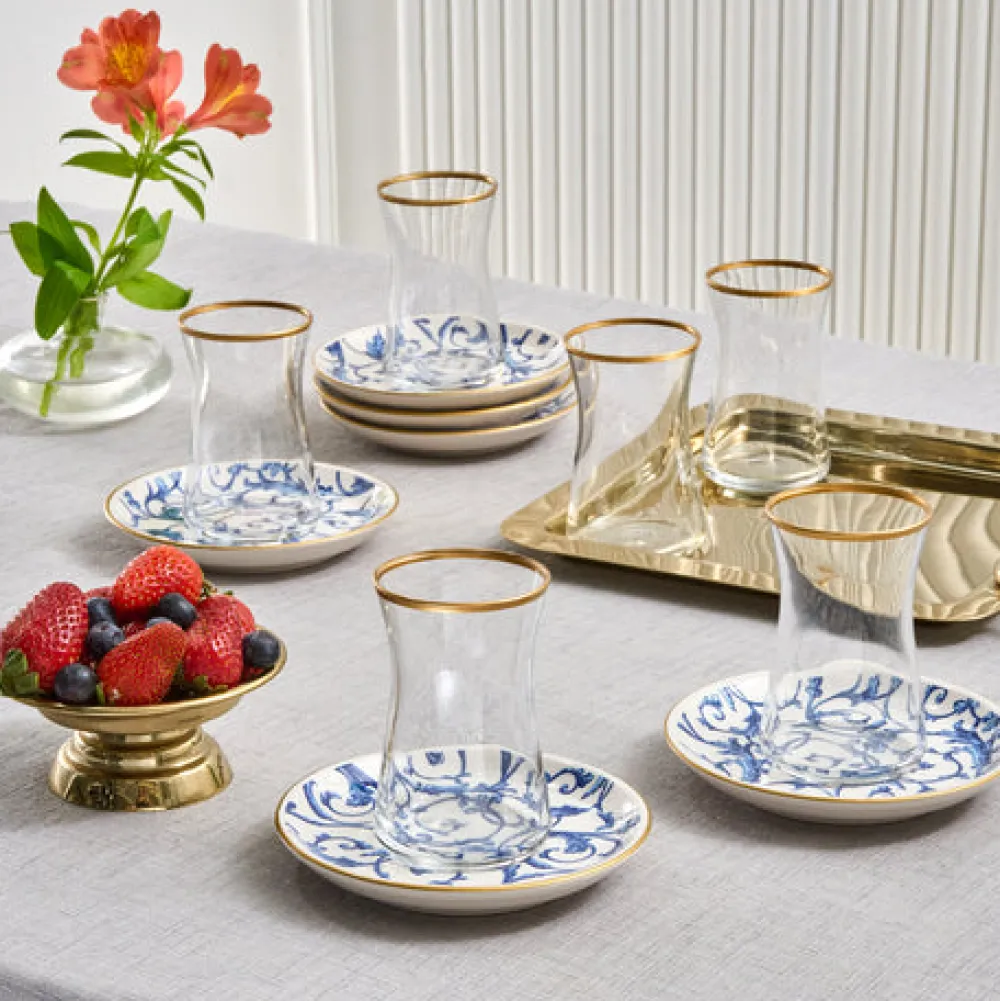 Karaca Mare 12-teiliges Glas-Türkisches Tee-Set für 6 Personen, 170 ml, Transparent Blau01