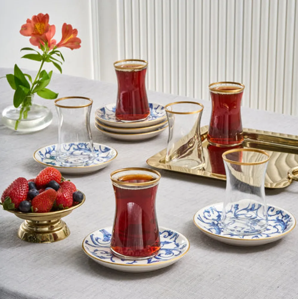 Karaca Mare 12-teiliges Glas-Türkisches Tee-Set für 6 Personen, 170 ml, Transparent Blau01