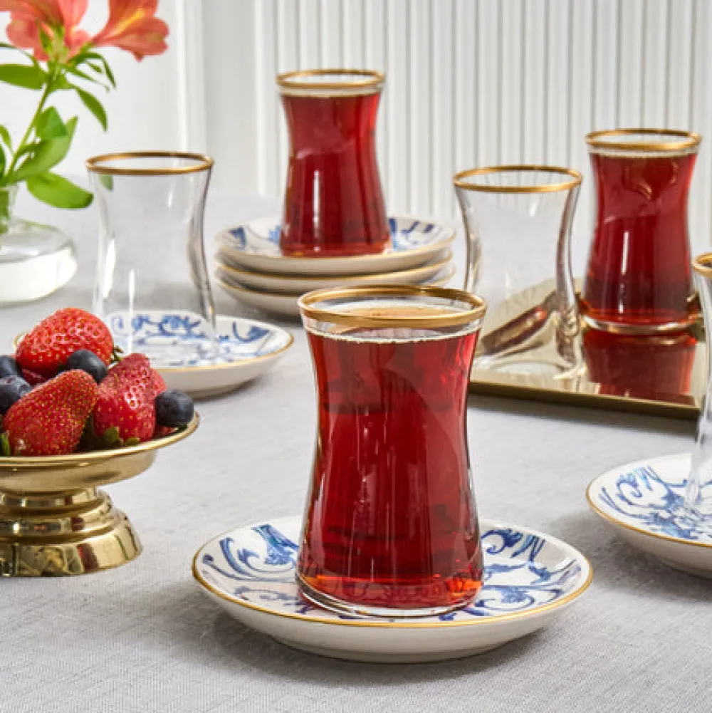 Karaca Mare 12-teiliges Glas-Türkisches Tee-Set für 6 Personen, 170 ml, Transparent Blau01