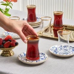 Karaca Mare 12-teiliges Glas-Türkisches Tee-Set für 6 Personen, 170 ml, Transparent Blau01