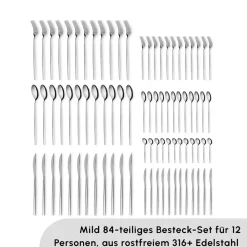 Karaca Mild 84-teiliges 316+ Premium Besteckset für 12 Personen Platın Outlet