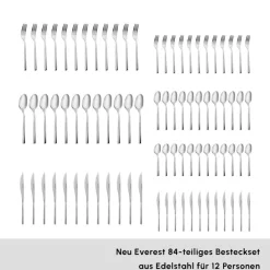 Karaca New Everest Elegance Besteckset für 12 Personen, 84-teiliges Platın Hot