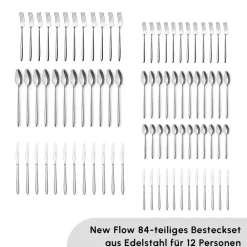 Karaca New Flow 84-teiliges Besteckset für 12 Personen Elegance Mit Box Platın New