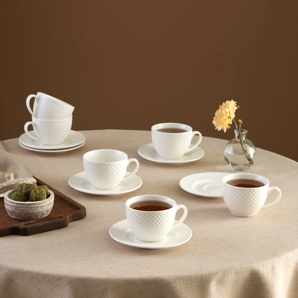 Karaca Nina Embossed Teetassen-Set für 6 Personen, 220 ml Weıß01 Discount