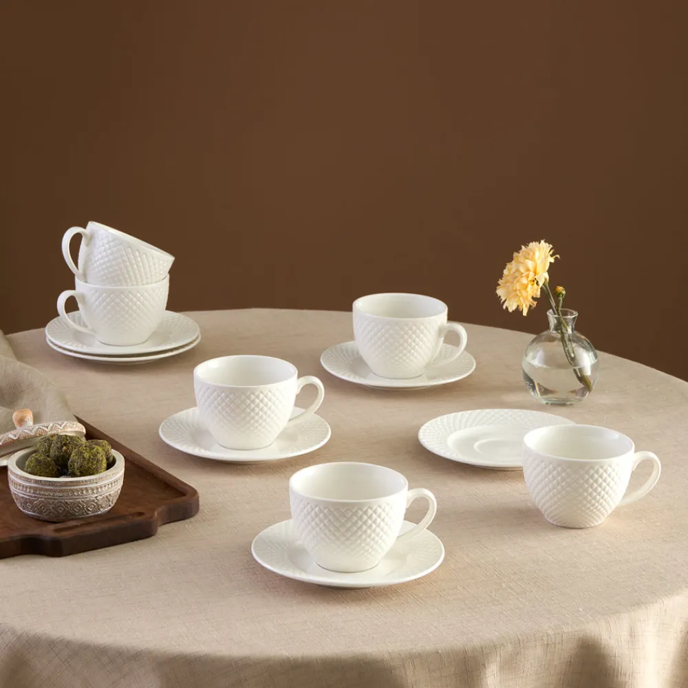 Karaca Nina Embossed Teetassen-Set für 6 Personen, 220 ml Weıß01 Discount