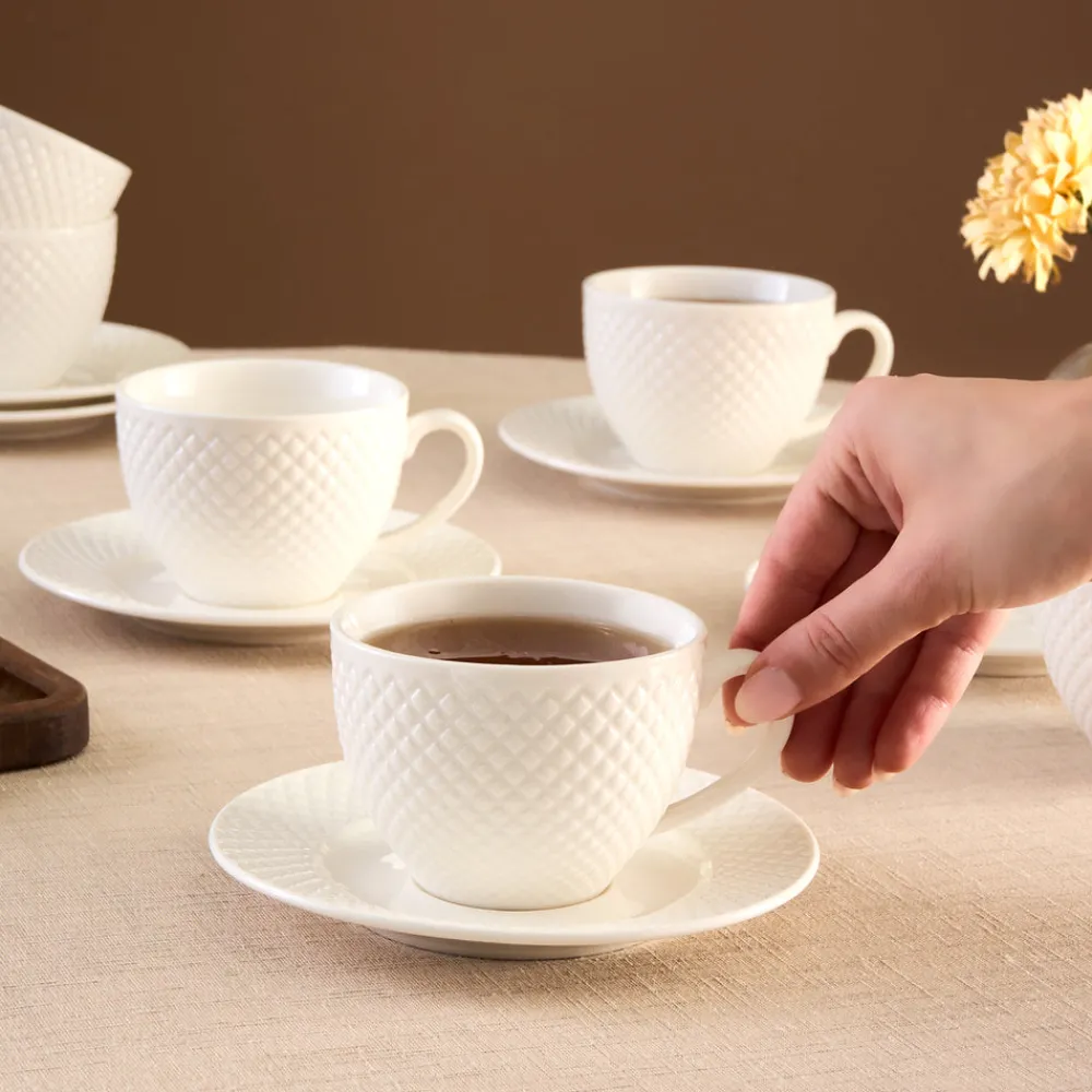 Karaca Nina Embossed Teetassen-Set für 6 Personen, 220 ml Weıß01 Discount