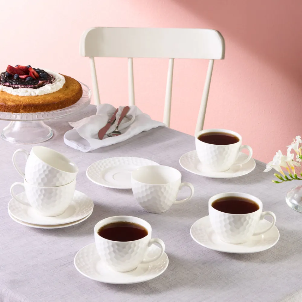 Karaca Nora Embossed Teetassen-Set für 6 Personen, 220 ml Weıß01 Sale
