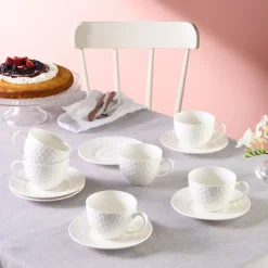 Karaca Nora Embossed Teetassen-Set für 6 Personen, 220 ml Weıß01 Sale