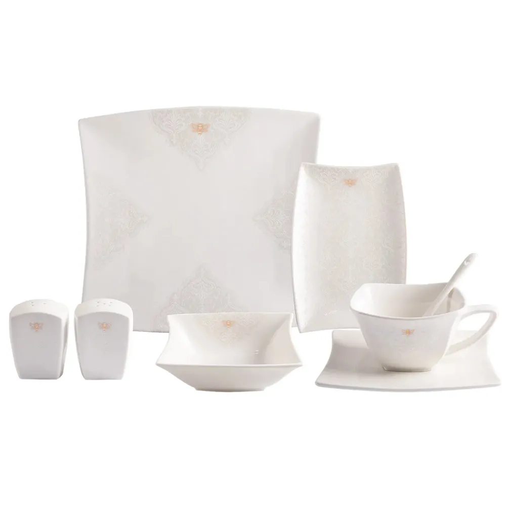 Karaca Royal Bee 32 teiliges Frühstücksset und Servierschalen Quadrat Weıß01 Sale