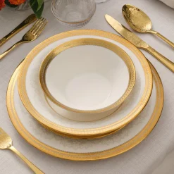 Karaca Royal Bone China Charlotte 55-teiliges Tafelservice für 12 Personen, Gold Hot