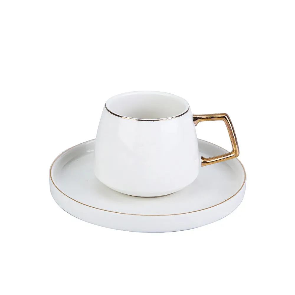 Karaca Saturn 4-teiliges Porzellan-Teetassen- und Untertassen-Set für 2 Personen, 200 ml, Gold Weiß Weıß01
