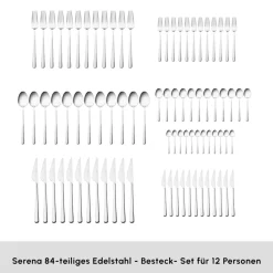 Karaca Serena 84-teilige Edelstahlbesteckset für 12 Personen, Silber Sılver Best