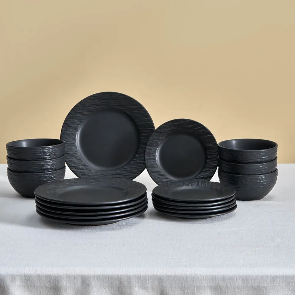 Karaca Solem Embossed 18-teiliges Steinzeug-Tafelservice für 6 Personen, Schwarz Schwarz01 Outlet