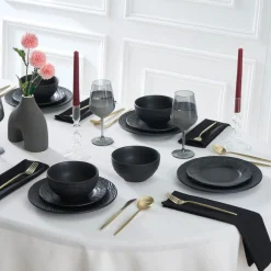 Karaca Solem Embossed 18-teiliges Steinzeug-Tafelservice für 6 Personen, Schwarz Schwarz01 Outlet