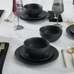 Karaca Solem Embossed 18-teiliges Steinzeug-Tafelservice für 6 Personen, Schwarz Schwarz01 Outlet