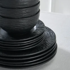 Karaca Solem Embossed 18-teiliges Steinzeug-Tafelservice für 6 Personen, Schwarz Schwarz01 Outlet