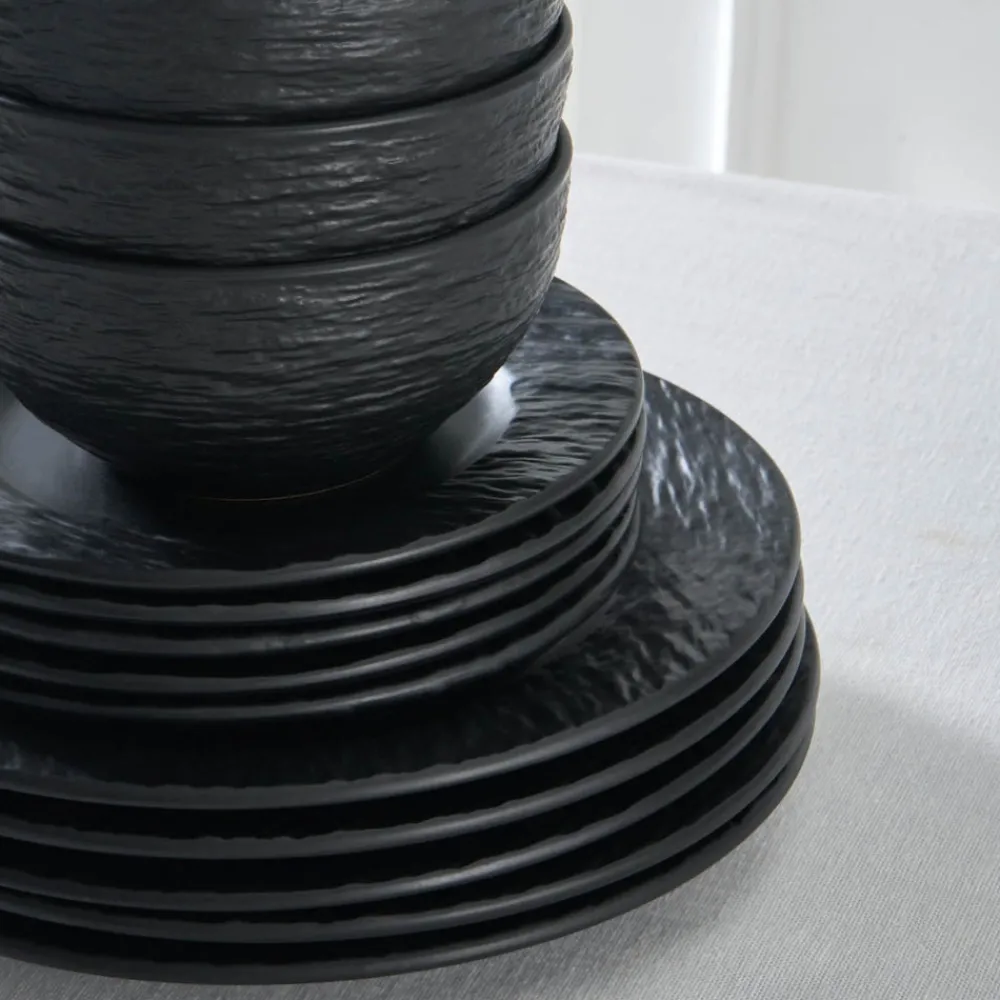Karaca Solem Embossed 18-teiliges Steinzeug-Tafelservice für 6 Personen, Schwarz Schwarz01 Outlet