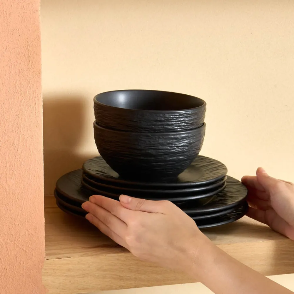 Karaca Solem Embossed 18-teiliges Steinzeug-Tafelservice für 6 Personen, Schwarz Schwarz01 Outlet