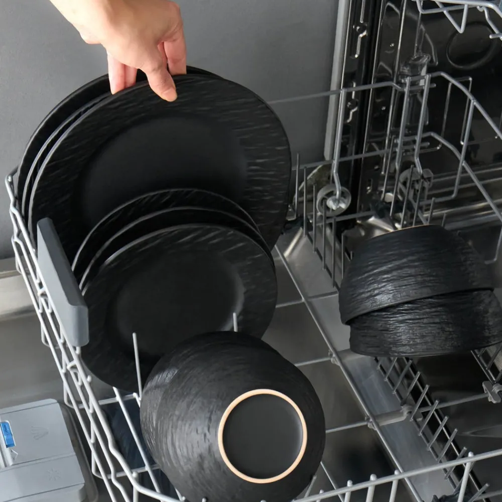 Karaca Solem Embossed 18-teiliges Steinzeug-Tafelservice für 6 Personen, Schwarz Schwarz01 Outlet