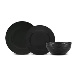 Karaca Solem Embossed 18-teiliges Steinzeug-Tafelservice für 6 Personen, Schwarz Schwarz01 Outlet