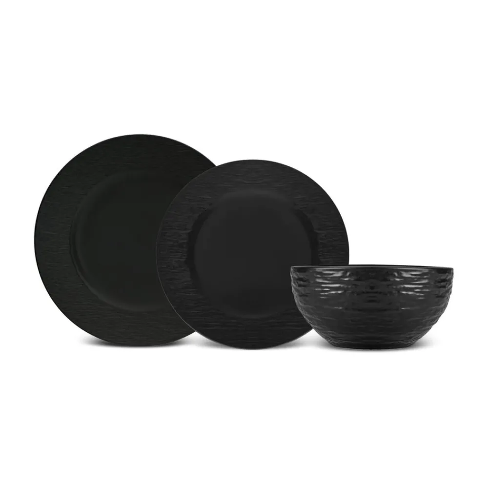 Karaca Solem Embossed 18-teiliges Steinzeug-Tafelservice für 6 Personen, Schwarz Schwarz01 Outlet