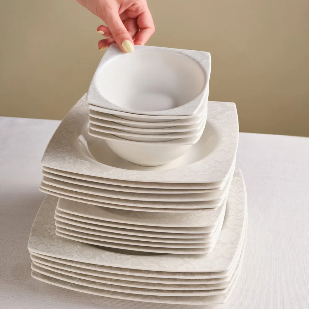 Karaca Square Bone Bridal 60-teiliges Tafelservice für 12 Personen Discount