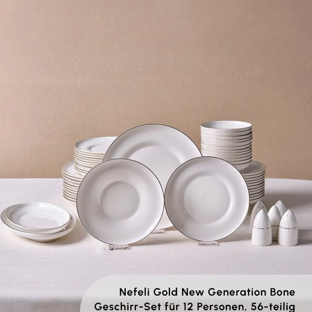 Karaca Streamline Nefeli Gold 12 Personen Geschirrset, 56 Teilig Gold Weıß Outlet