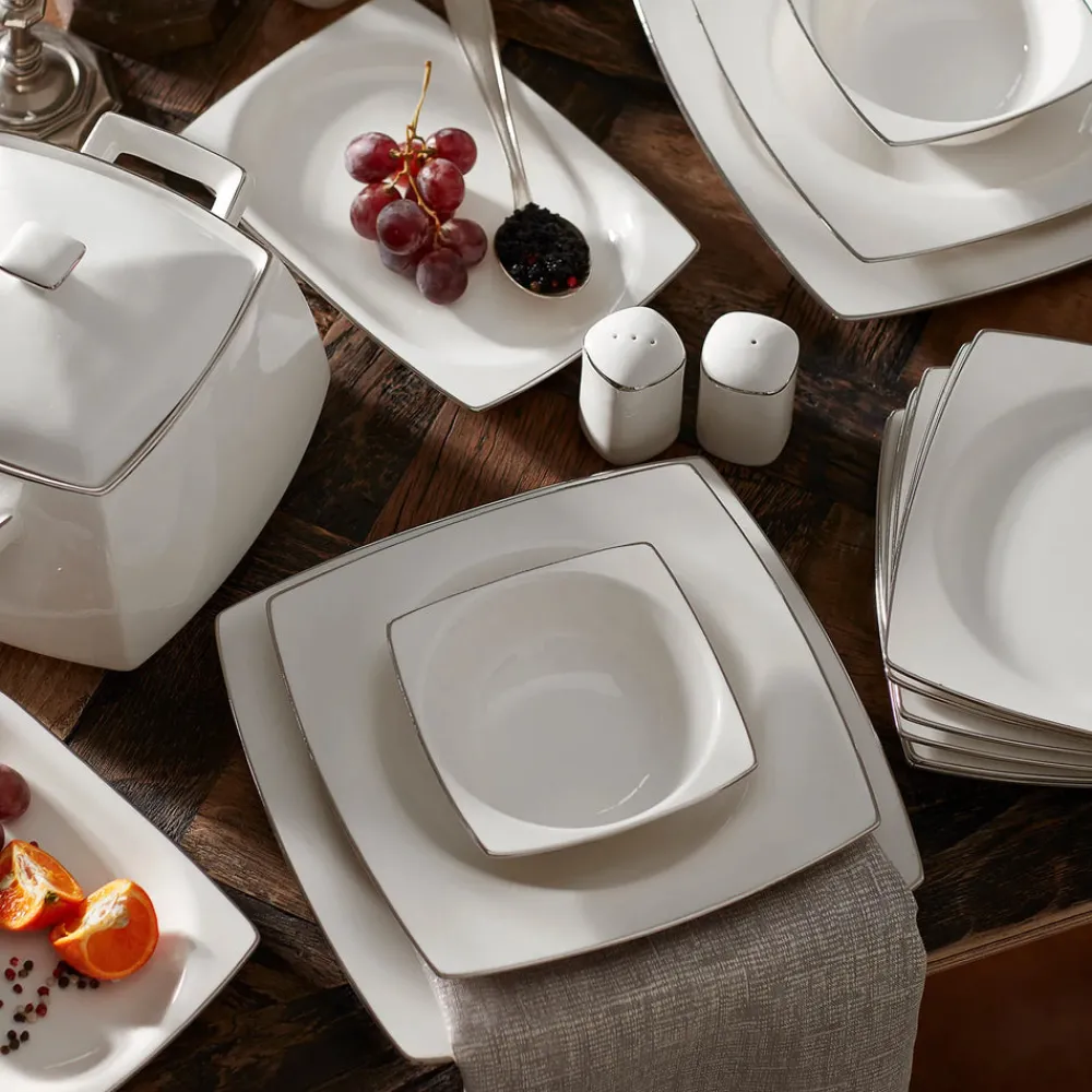 Karaca Talia Cream 60-teiliges Tafelservice für 12 Personen Platin Eckig Platın