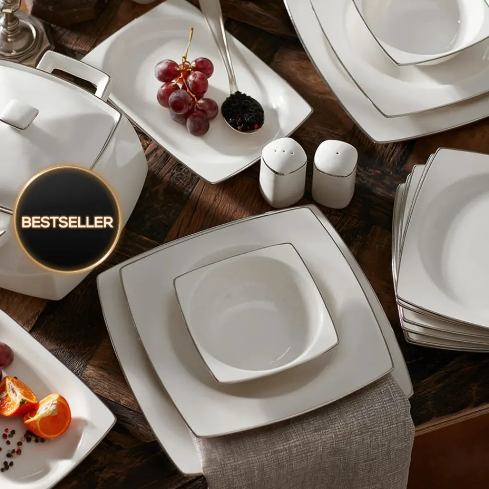 Karaca Talia Cream 60-teiliges Tafelservice für 12 Personen Platin Eckig Platın