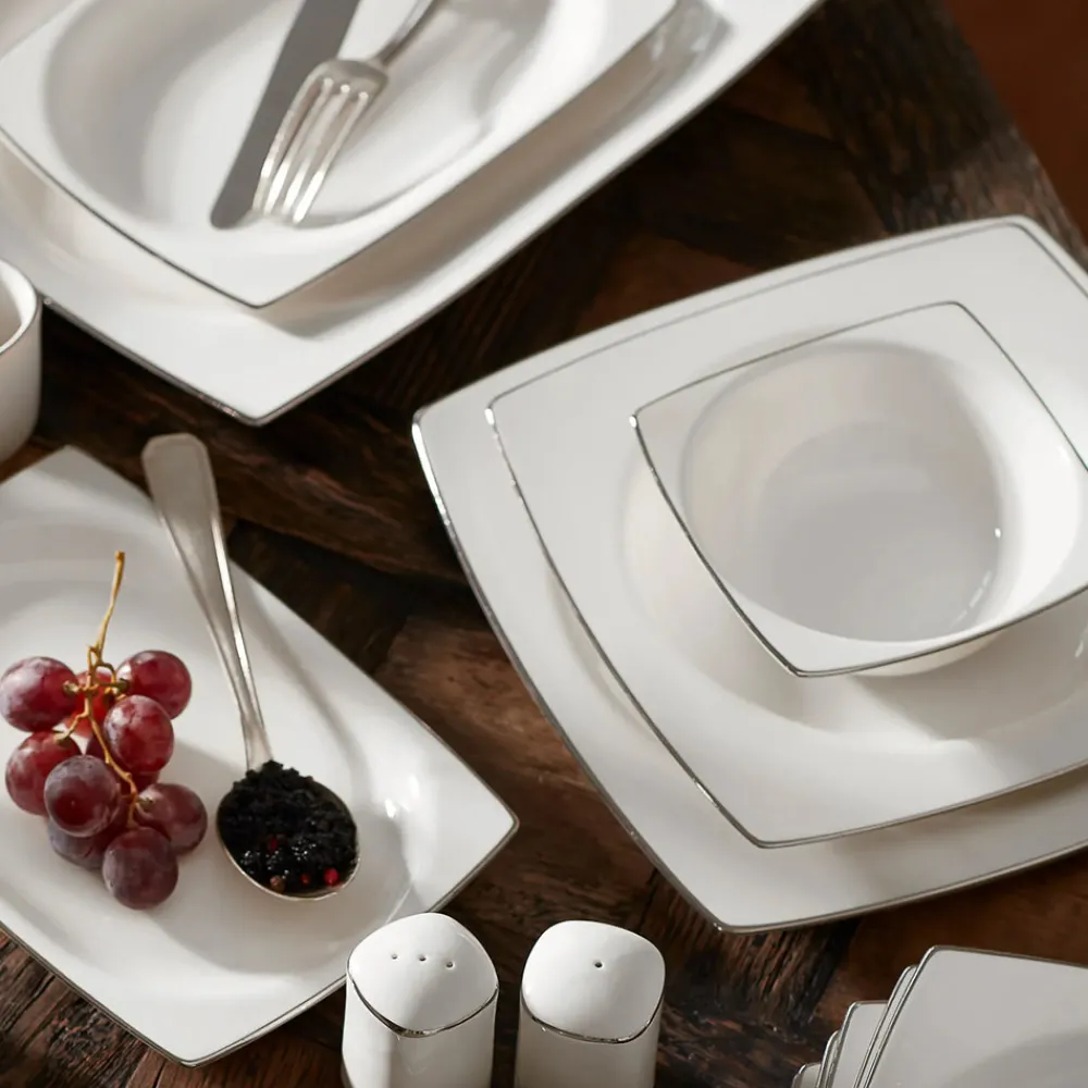 Karaca Talia Cream 60-teiliges Tafelservice für 12 Personen Platin Eckig Platın