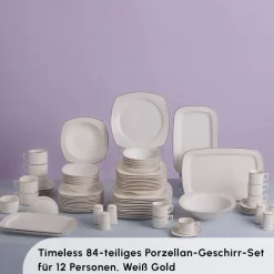 Karaca Timeless Gold Square Geschirr-Set für 12 Personen, 84-teilig Weıß01 Best