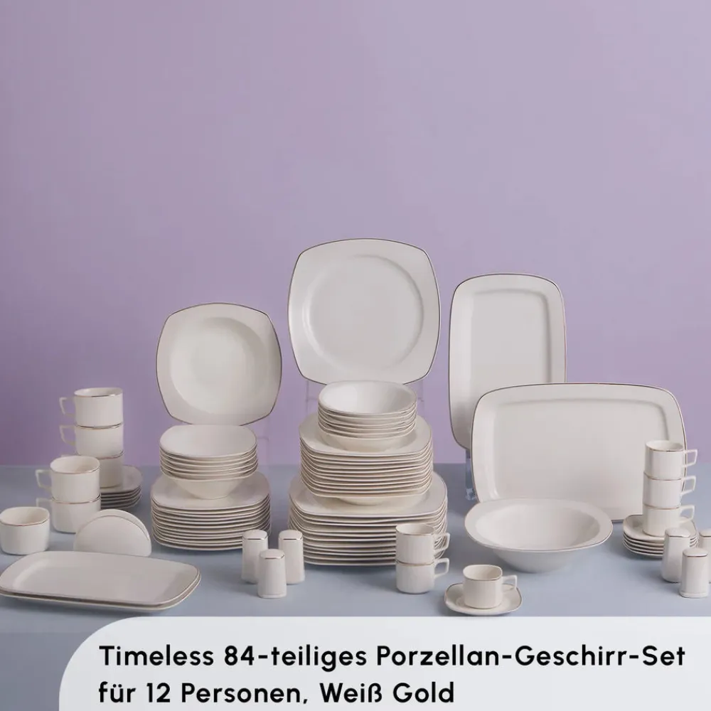 Karaca Timeless Gold Square Geschirr-Set für 12 Personen, 84-teilig Weıß01 Best