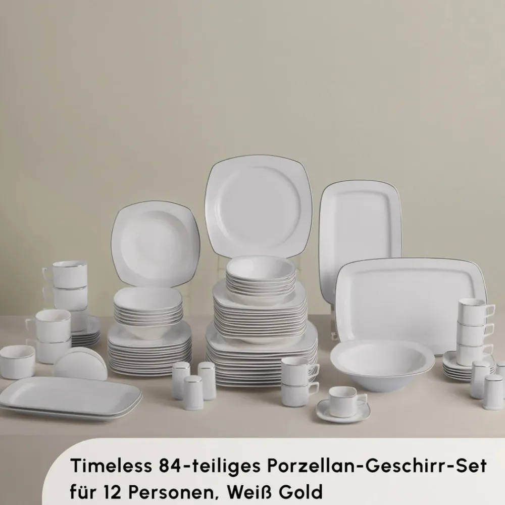 Karaca Timeless Square Geschirr-Set für 12 Personen, 84-teilig Gold Sale