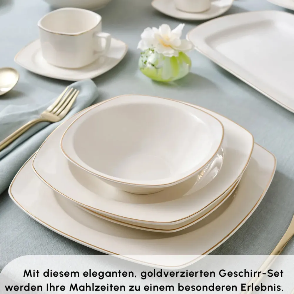 Karaca Timeless Square Geschirr-Set für 12 Personen, 84-teilig Gold Sale