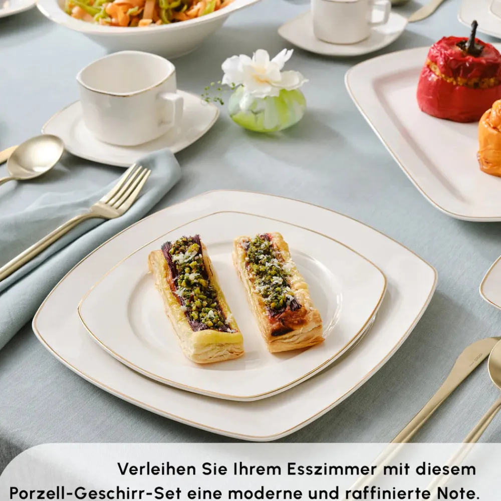 Karaca Timeless Square Geschirr-Set für 12 Personen, 84-teilig Gold Sale