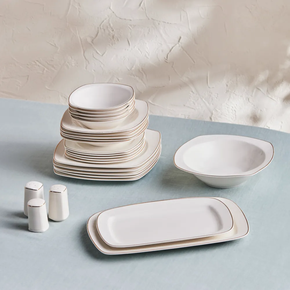 Karaca Timeless 59-teiliges Porzellan Halb-Quadratisches Dinner-Set für 12 Personen, Gold Hot