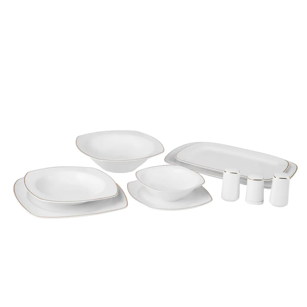 Karaca Timeless 59-teiliges Porzellan Halb-Quadratisches Dinner-Set für 12 Personen, Gold Hot