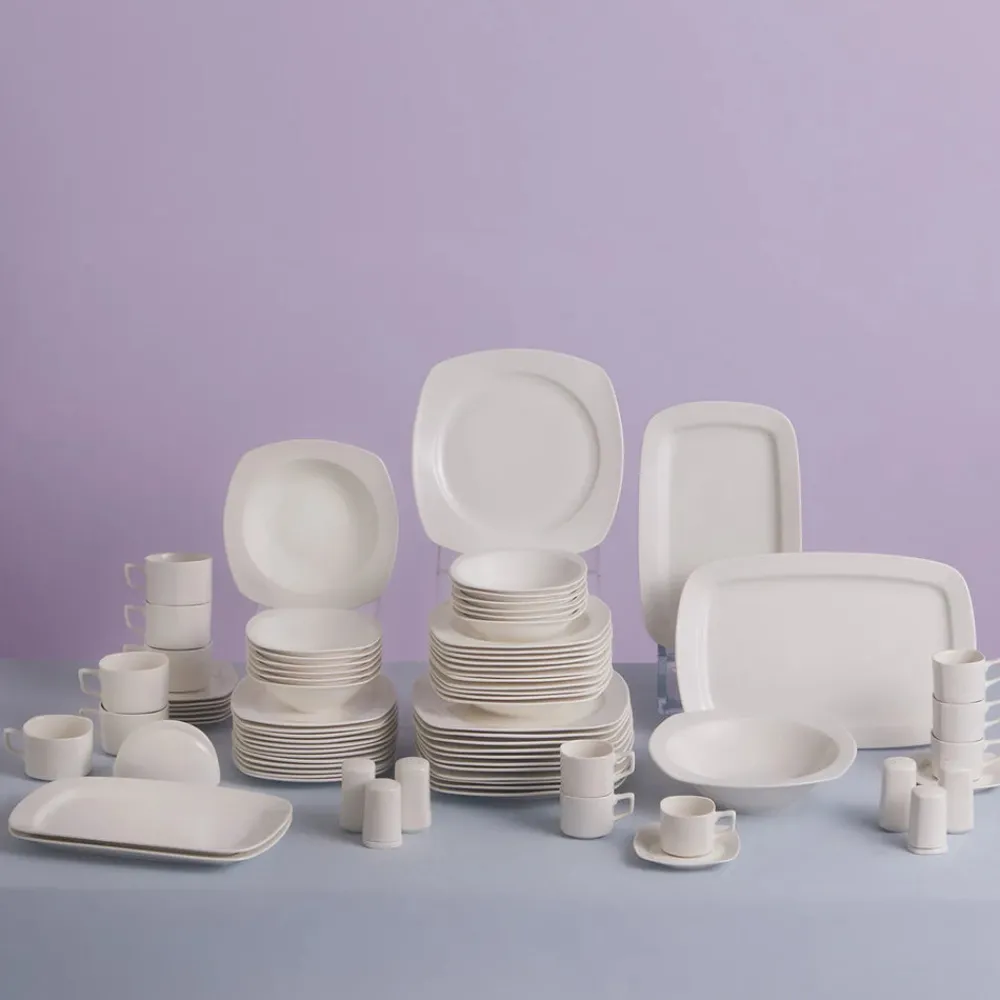 Karaca Timeless White Square Geschirr-Set für 12 Personen, 84 Teilig Weıß New