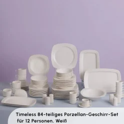 Karaca Timeless White Square Geschirr-Set für 12 Personen, 84 Teilig Weıß New