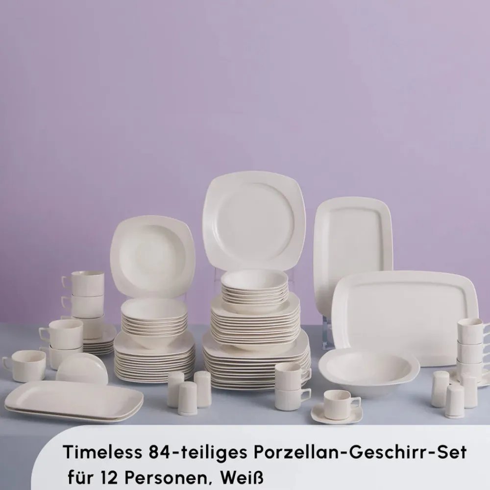 Karaca Timeless White Square Geschirr-Set für 12 Personen, 84 Teilig Weıß New