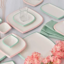 Karaca Tiny Rim für 6 Personen Frühstücksset und Servierschalen, 26 Teilig, Rosa Grün Multıfarben Clearance